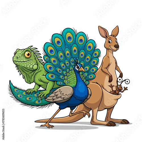 Cartoon illustration of an iguana, peacock, and kangaroo with a joey.