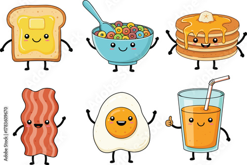 Cartoon breakfast food characters, smiling toast, cereal bowl, pancakes, bacon, fried egg, orange juice, cute mascot illustration, vector art