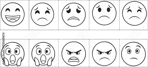 Collection of Line Art Face Icons Expressing Diverse Emotions