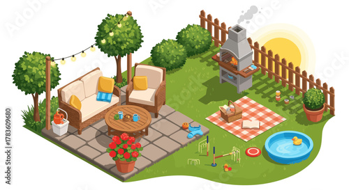 Charming isometric backyard scene featuring comfortable wicker furniture, a rustic wooden coffee table, a vibrant flower pot, and a sizzling barbecue grill under a warm sun, perfect for summer