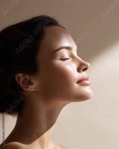 beautiful woman with glowing skin, natural light, skincare concept, minimalist background