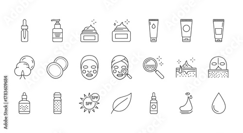 A collection of minimalistic linear pictograms representing skincare products and concepts, ideal for web design, graphic design, app interfaces, social media banners, and greeting cards. This vector