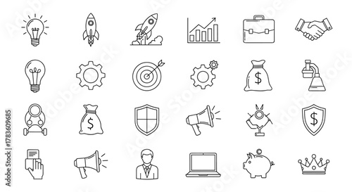 Collection of simple line art icons representing business, entrepreneurship, and startup concepts, including lightbulbs, rockets, gears, targets, money bags, briefcases, handshake, shields