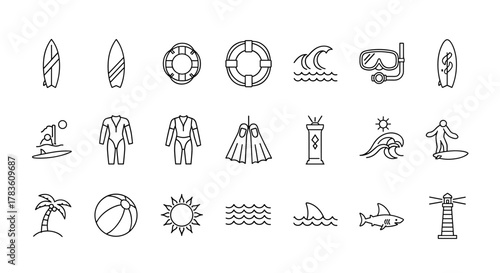 Bundle of minimalistic linear pictograms representing surfing and water sports, including surfboards, lifelines, diving masks, wetsuits, fins, waves, palm trees, beach balls, sun, sharks