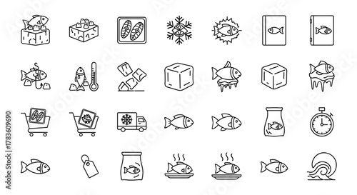 Collection of Frozen Fish Related Line Icons: Outline Signs for Graphic and Web Design, Apps, Adverts, Various Cards, Vector Cartoon Illustration. This set features diverse icons representing fish