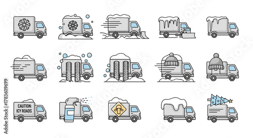 Collection of Delivery Trucks with Snow-Related Line Icons, Featuring Snowflakes, Snow Plows, Winter Tires, Hats, and a Christmas Tree, Perfect for Graphic and Web Design, Apps, Advertisements, and