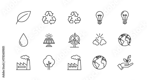 Collection of simple line icons representing environmental themes, including a leaf, recycling symbols, lightbulbs, a water drop, solar panel, wind turbine, clouds with sun, Earth globes, factories