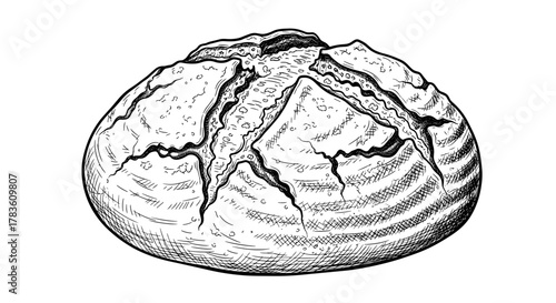 Detailed sketch of a rustic round loaf of bread with a deeply cracked, textured crust, showcasing the artisanal baking process with a hand-drawn, vintage vector illustration style on a clean white