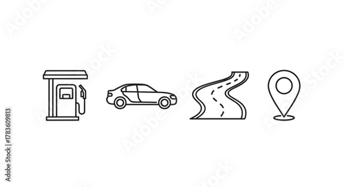Collection of thin line icons representing essential elements of travel and transportation: a gas station, a car, a winding road, and a map pin. These editable stroke vector illustrations are perfect
