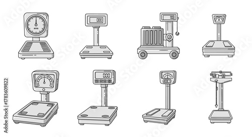 Collection of eight diverse floor scale line icons, showcasing analog and digital weighing instruments with a clean, modern outline design suitable for graphic design, web applications, advertising
