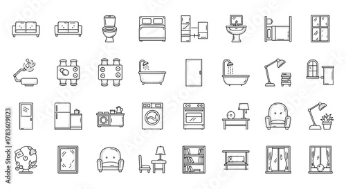 A comprehensive collection of thin, editable stroke vector icons representing various elements of a floor plan, including furniture, appliances, and architectural features, suitable for web, books