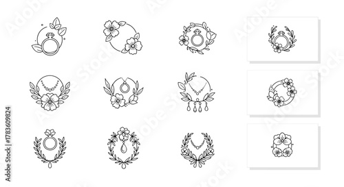 Elegant Minimalist Floral Jewelry Logo Collection: A Set of Delicate Line Art Icons Featuring Rings, Necklaces, and Flowers, Perfect for Branding and Business Cards, Vector Cartoon Illustration on