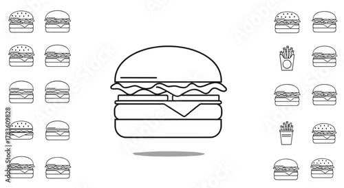 Collection of black linear outline hamburger icons and french fries icons on a white background, representing fast food and a simple, modern design aesthetic. This set includes various hamburger
