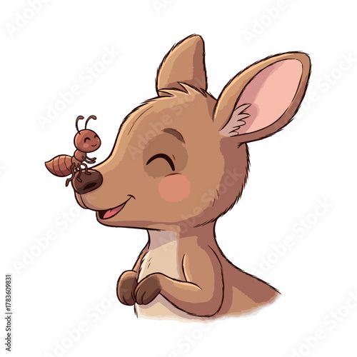 Cartoon kangaroo with an ant on its nose, smiling with closed eyes.