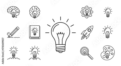 Collection of line art icons representing ideas and creativity, including a brain with a lightbulb, a pencil drawing a lightbulb, a book with a lightbulb, a gear with a lightbulb, a rocket launching