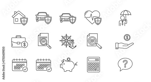 Collection of insurance-related line icons, including house, car, health, umbrella, briefcase, document, ship wheel, anchor, hand with coin, calendar, piggy bank, calculator, and question mark