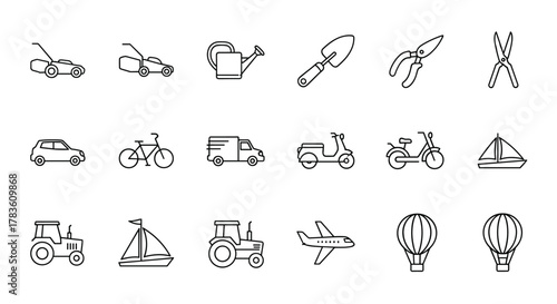 A meticulously curated collection of 18 distinct line art icons, showcasing a variety of lawn care equipment and transportation vehicles, presented on a clean white background for optimal versatility