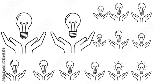 Collection of outline linear icons depicting light bulbs held over open hands, symbolizing ideas, innovation, and creativity, suitable for graphic and web design, apps, adverts, and various cards