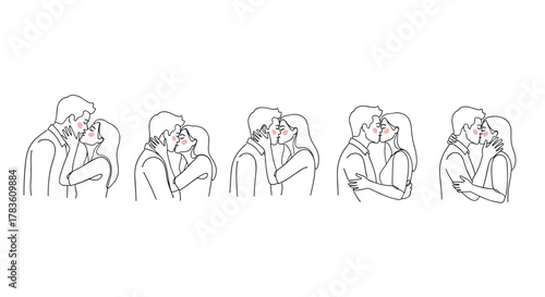 Set of five minimalist line art illustrations depicting couples kissing, showcasing different romantic poses and embraces. Clean vector cartoon style with subtle blush accents on a white background