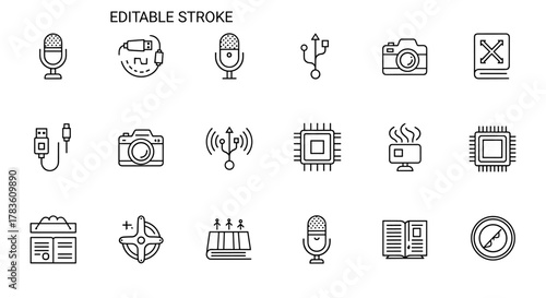 Collection of simple, editable stroke icons representing technology and media: microphone, USB cable, camera, computer chip, book, and compass, perfect for infographics, articles, books, flyers, and