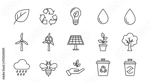 Set of clean line art icons representing ecological concepts and nature, including a leaf, recycling symbol, lightbulb with leaf, water drops, wind turbines, solar panel, potted plant, tree, cloud