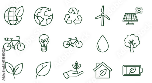 Vibrant Ecology Icon Set: A Collection of Sustainability Symbols Including Earth with Leaf, Recycling Arrows, Wind Turbine, Solar Panel, Electric Bike, Lightbulb with Sprout, Water Drop, Tree, and