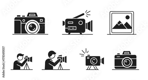 Set of solid black photography icons, including a classic photo camera, a professional photographer with a tripod, a vintage video camera, and a framed landscape photograph, representing the art and