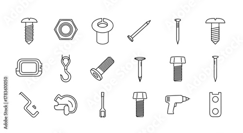 Collection of black outline icons representing various hardware and construction elements, including screws, nuts, bolts, nails, a hook, a drill, and other fastening tools, isolated on a white