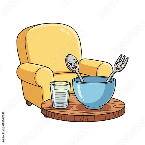 Cartoon illustration of a yellow armchair, a table with a glass of water, and a bowl with a spoon and fork.