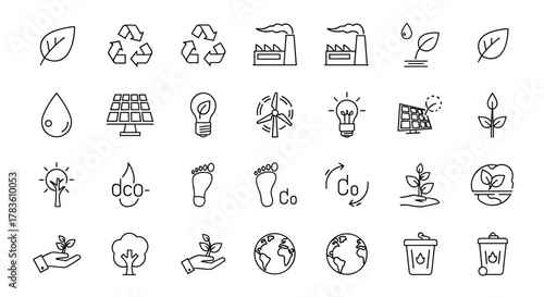 Set of thin line icons related to sustainability, environmental, ecological, recycling, green, organic, industry, linear ecology simple symbol collection, representing renewable energy, nature, and