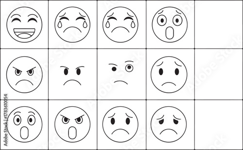 Vector Line Art Faces Expressing Diverse Emotions in a Grid Layout