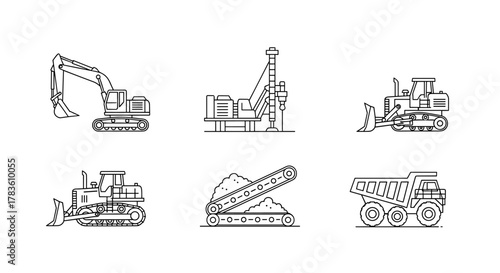 Set of outline icons representing mining equipment, including a versatile excavator, a powerful drilling rig, a robust bulldozer, an efficient conveyor belt system, and a heavy-duty haul truck, all