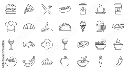 A diverse collection of restaurant food and drink icons, featuring editable stroke lines, ideal for logos, statistics, and infographics, allowing for adjustable line thickness for versatile design