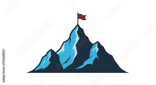 A striking vector illustration depicts a majestic mountain peak crowned with a vibrant red flag, symbolizing achievement, success, and the culmination of a challenging journey. The mountain's sharp