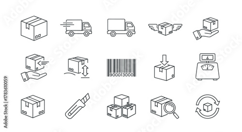 Set of package and delivery related line icons, including trucks, boxes, barcode, scales, and shipping symbols, perfect for logistics and e-commerce applications, editable stroke, clean design on