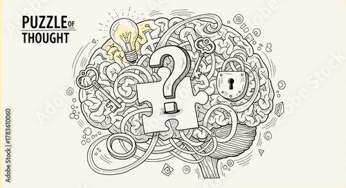 Hand-drawn doodle illustration of a brain filled with a maze, puzzle piece, question mark, light bulb, keys, and a lock, symbolizing thought, problem-solving, and intellectual challenges, with the