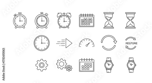 Collection of thin line icons representing time management, including alarm clocks, hourglasses, calendars, watches, speedometers, gears, and restore symbols, perfect for web and mobile applications