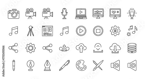 Set of outline icons related to content creation and media, including camera, video camera, microphone, laptop, computer monitor, light bulb, music notes, tripod, play button, stop button, pause