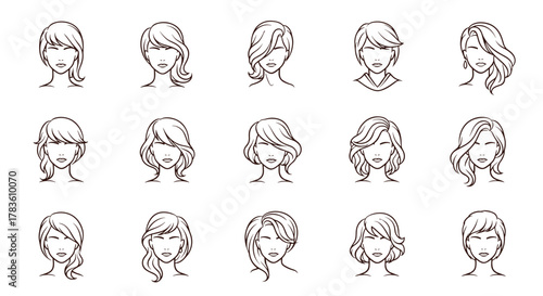 Collection of 15 diverse female hairstyles, elegantly depicted in a clean line art style on a white background, showcasing various lengths and textures for beauty and fashion concepts.
