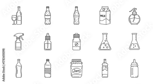 Set of thin line icons representing various bottles and containers, including wine, soda, milk, perfume, spray, dropper, medicine, lab flasks, jam, beer, and baby bottle, suitable for web, books