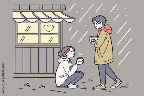 Couple sharing a warm drink under an awning during a rainy day, romantic and cozy moment