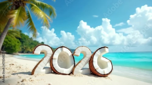 2026 numbers made from coconut against tropical beach with palm trees, exotic new year concept of travel brands and island promotions.