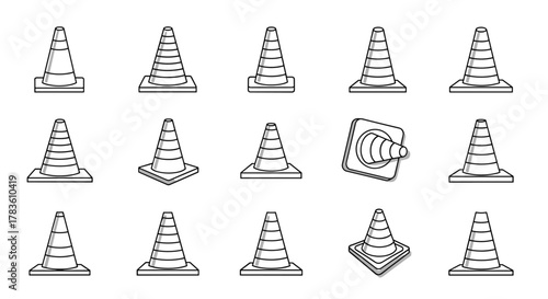 Collection of Traffic Cone Outline Illustrations, Perfect for Infographics, Articles, Books, Flyers, and Banners. Editable Stroke Vector Cartoon Style, Ideal for Construction, Safety, and Roadwork