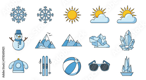 Collection of winter and summer icons, including snowflakes, sun with clouds, snowman, mountains, icebergs, crystals, winter hat, skis, beach ball, and sunglasses, presented as a vector cartoon