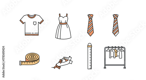 Vivid and Modern Line Icon Set for Sewing and Garments, Featuring a T-Shirt, Dress, Ties, Measuring Tape, and Clothes Rack, Perfect for Web Design, Apps, and Cards with Linear Graphics