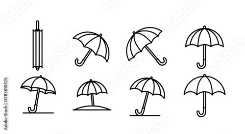 Collection of simple line art icons depicting umbrellas and parasols in various open and closed states, presented on a clean white background, perfect for graphic design, book illustrations