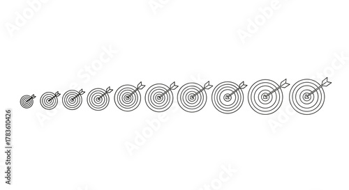 A series of minimalistic target pictograms, drawn with thin lines, arranged in ascending order of size from left to right, each with an arrow hitting the bullseye, presented on a clean white