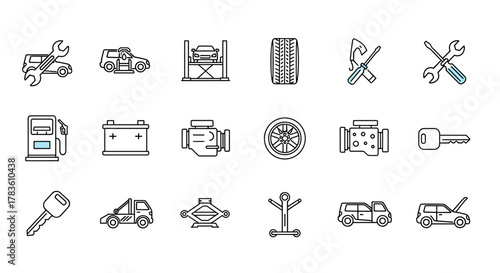 Set of isolated vector line icons representing auto service and car repair, including a car on a lift, gas pump, battery, engine, tire, wheel, tools, car key, tow truck, and car body variations, all