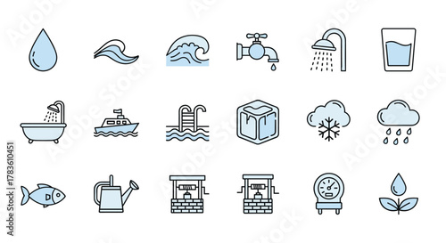 A collection of 15 water-related line icons, including a water drop, waves, a faucet, a shower, a glass of water, a bathtub, a boat, a swimming pool, an ice cube, a snowflake cloud, a rain cloud, a
