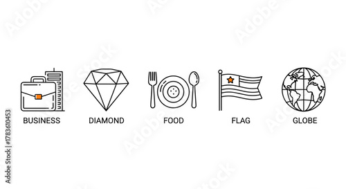 Collection of five simple outline vector icons representing business, diamond, food, flag, and globe, perfect for web, books, cards, and apps, featuring editable stroke and a clean linear design.